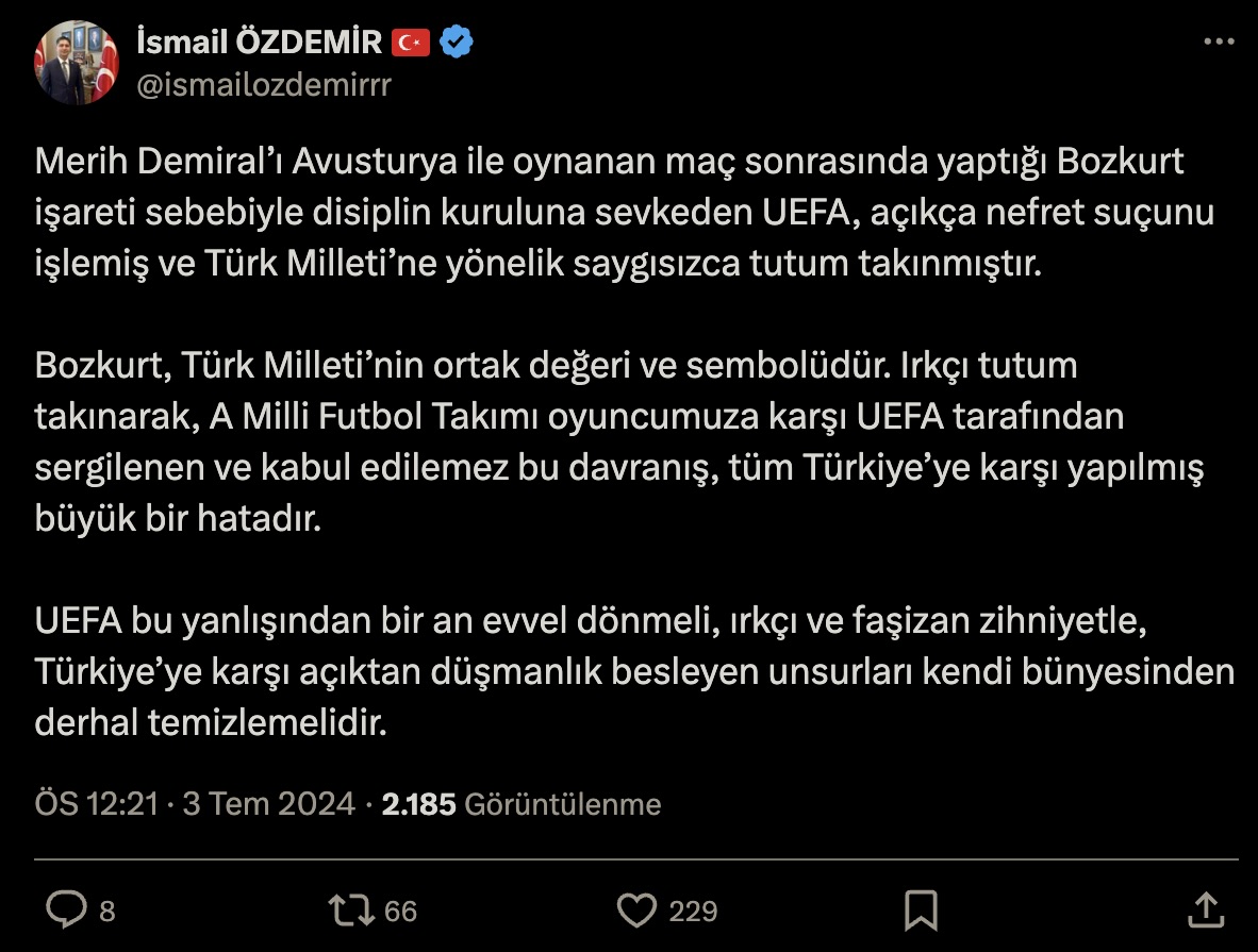 MHP'den Merih Demiral'ın disipline sevk edilmesine tepki: UEFA, açıkça nefret suçunu işlemiş ve Türk milletine yönelik saygısızca tutum takınmıştır