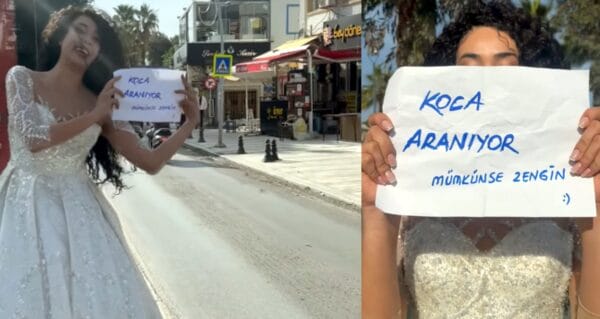 Gelinliği giydi “Koca aranıyor, mümkünse zengin” yazısı ile sokağa çıktı
