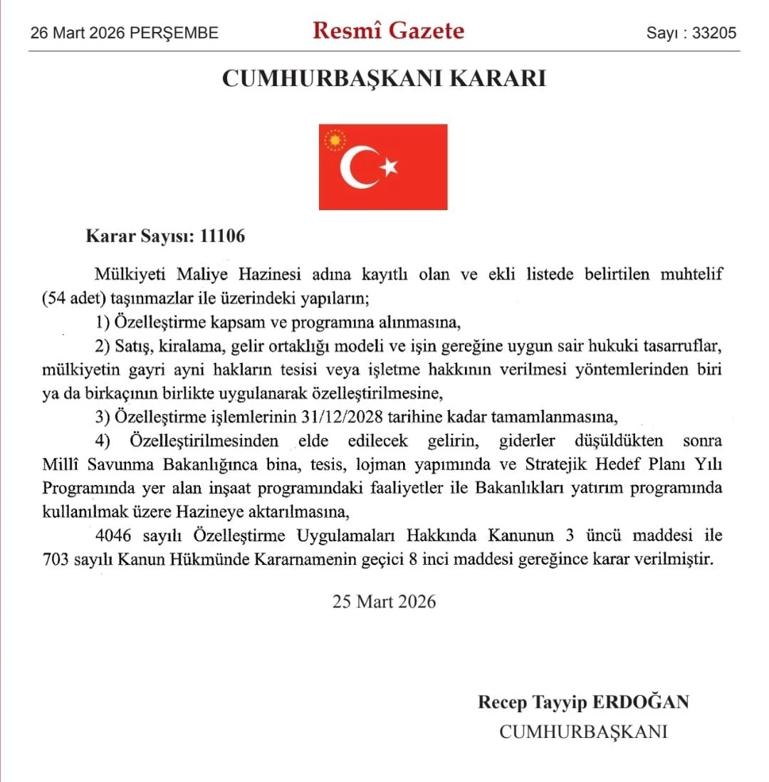 Cumhurbaşkanı kararıyla 54 kamu taşınmazının geliri savunma sanayii projelerine aktarılacak.
