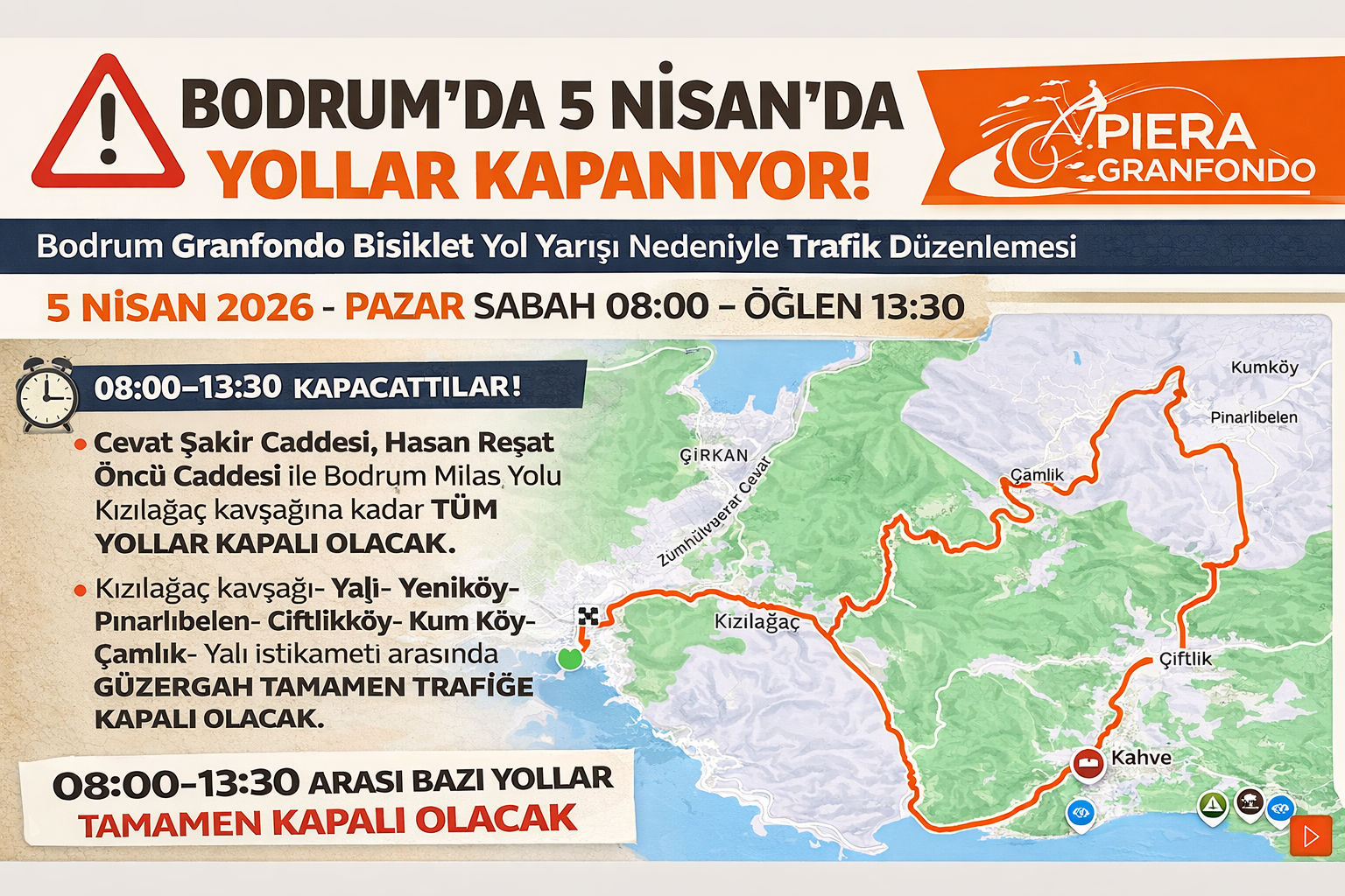 Bodrum’da Granfondo Nedeniyle Yollar Kapanıyor: 5 Nisan Trafik Düzeni