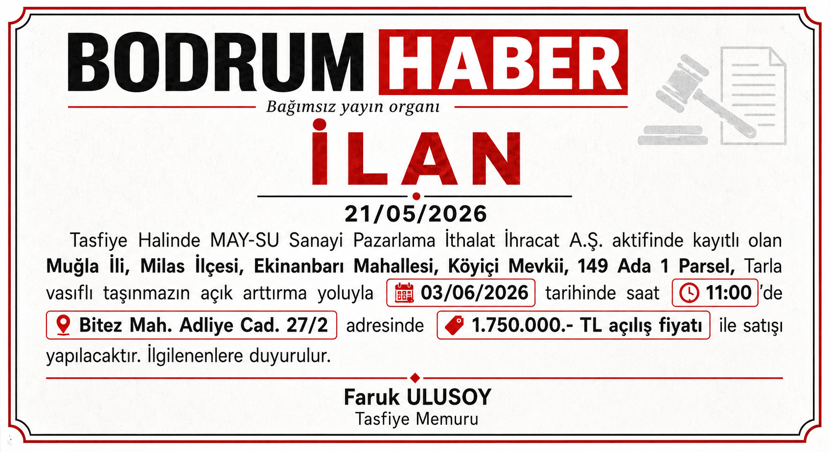 İlandır Milas’ta Tarla Vasıflı Taşınmaz Satışa Çıkıyor