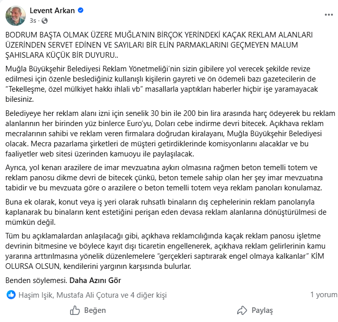 Levent Arkan Kendi Belediyesini İhbar Etti