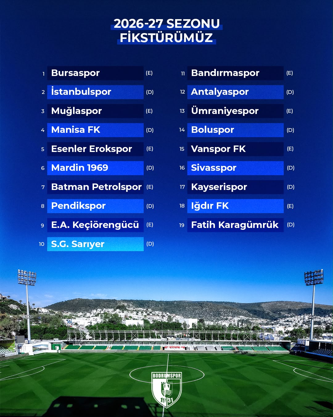 Bodrum FK’nın 2026-2027 Fikstürü Belli Oldu